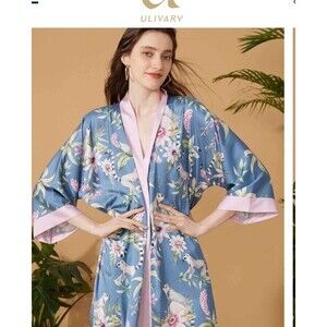 Ulivary  Blue Forest Floral Short Robe New Luxurious One Size